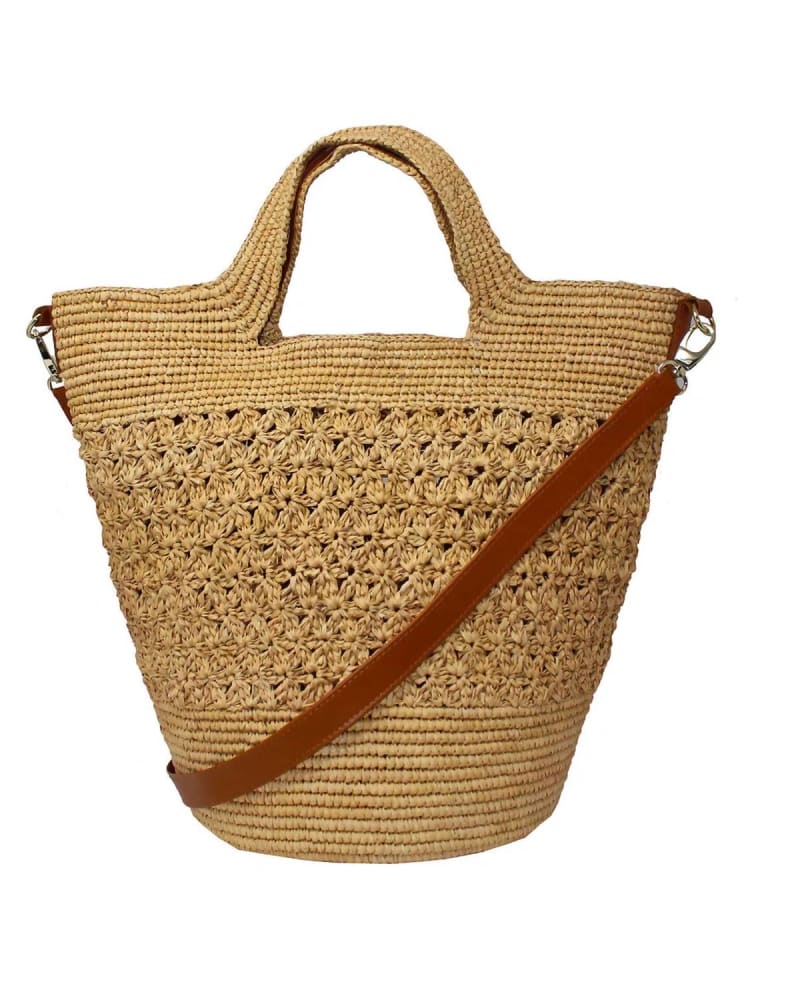 Front of a size O/S Tall Bag With Leather Strap in Beige Straw With Cognac Leather in Beige Straw With Cognac Leather by Sensi Studio. | dia_product_style_image_id:345426